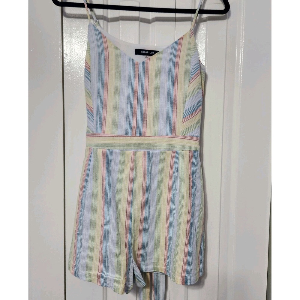 Sugar Lips Romper Women Medium Multicolor Striped Tie Back Lined Beach Boho Chic